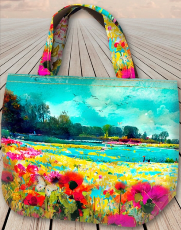 Panneau de sac en canvas prêt à coudre - Fleurs de cerisier et coquelicots (prix pour le panneau)