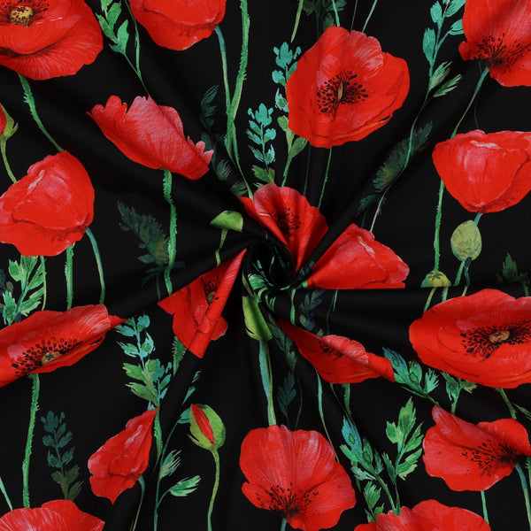 Popeline fine 100% coton "Coquelicots sur fond noir" certifiée Oeko-Tex (prix pour 10cm)