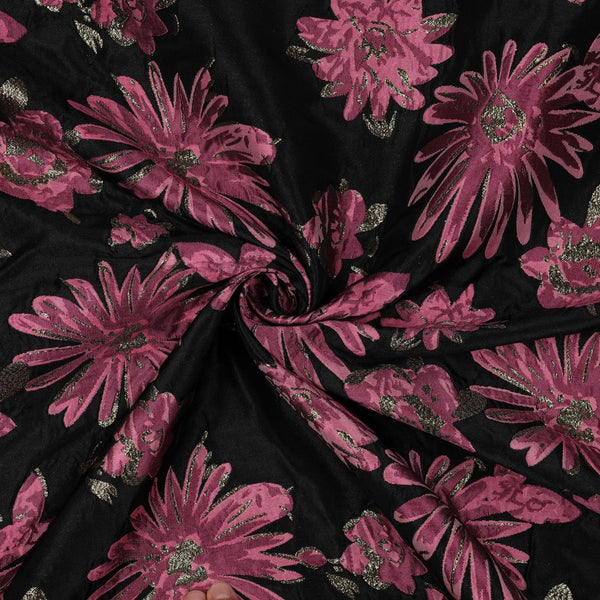 Superbe jacquard fleuri noir et rose (prix pour 10cm)