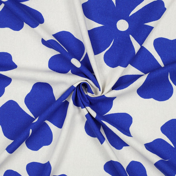 Lin - viscose Fleurs bleues sur fond blanc (prix pour 10cm)