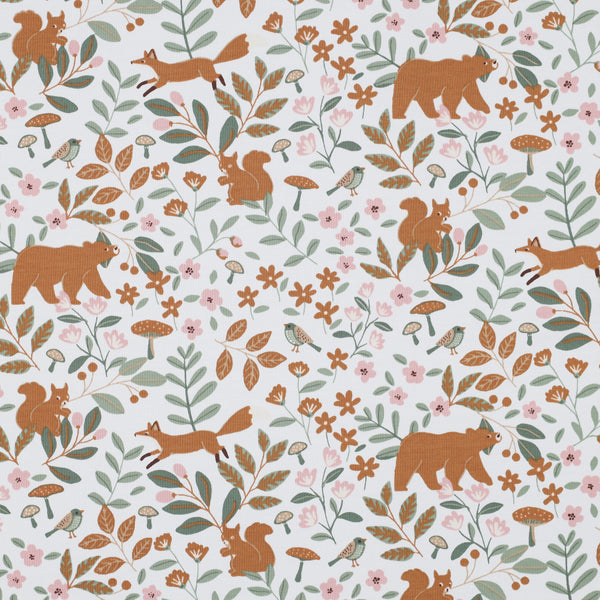 Jersey "woodland" sur fond blanc - certifiée Oeko-tex (prix pour 10cm)