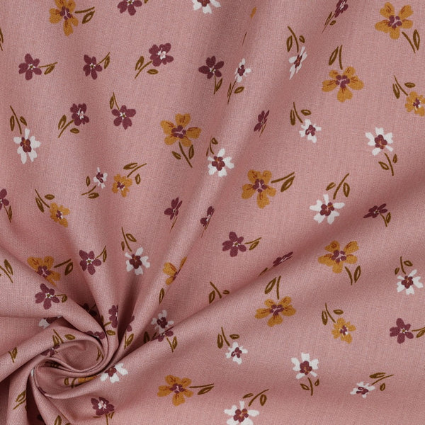 Tissu popeline 100% coton - Fleurettes sur fond vieux rose - certifié oeko-tex (prix pour 10cm)