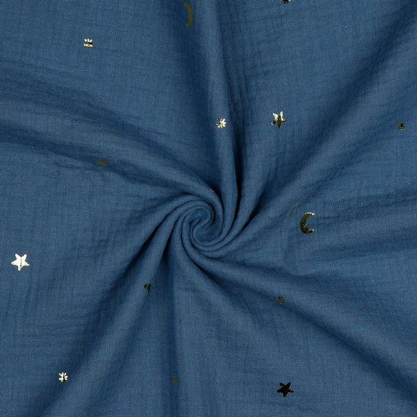 Coupon de 3m de double gaze  100% coton "Au clair de la lune bleu" certifié oeko-tex