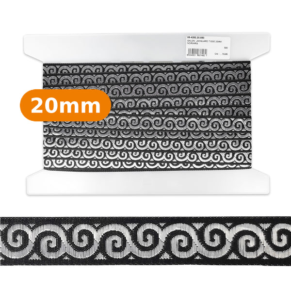 Galon jacquard tissé argent et noir - 20mm (prix au mètre)