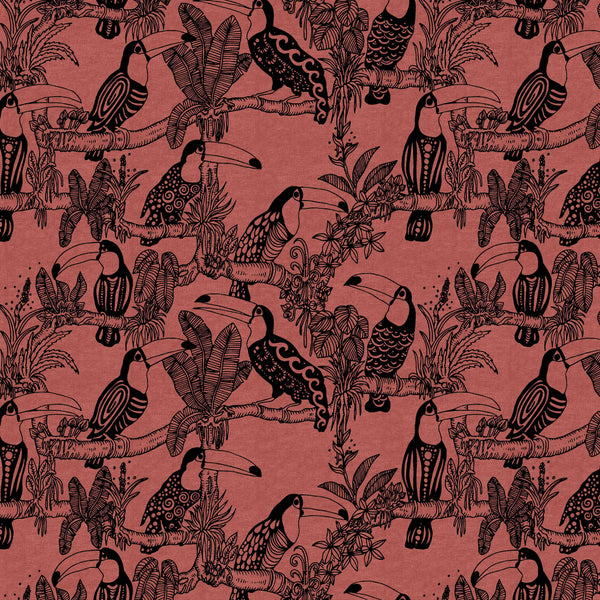 Tissu sweat molletonné en mailles  - "Oiseaux tropicaux" sur fond orange - certifié oeko-tex (prix pour 10cm)