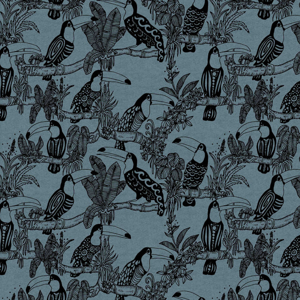 Tissu sweat molletonné en mailles  - "Oiseaux tropicaux" sur fond bleu gris - certifié oeko-tex (prix pour 10cm)