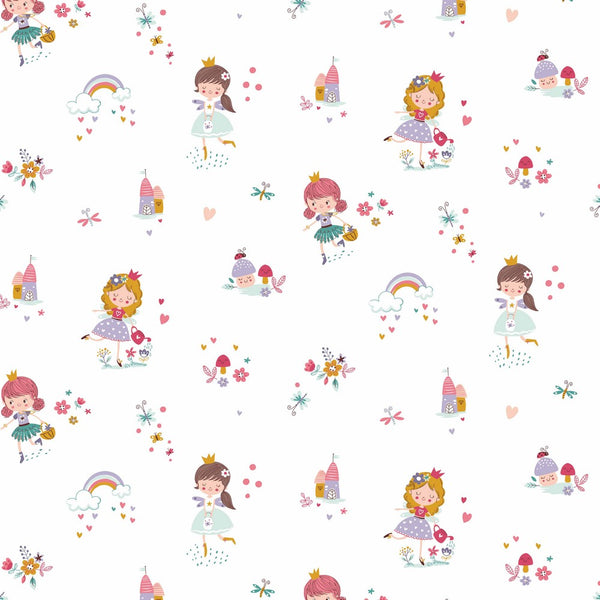 Coupon de 3m de popeline 100% coton " Princesses sur fond blanc" certifié oekotex