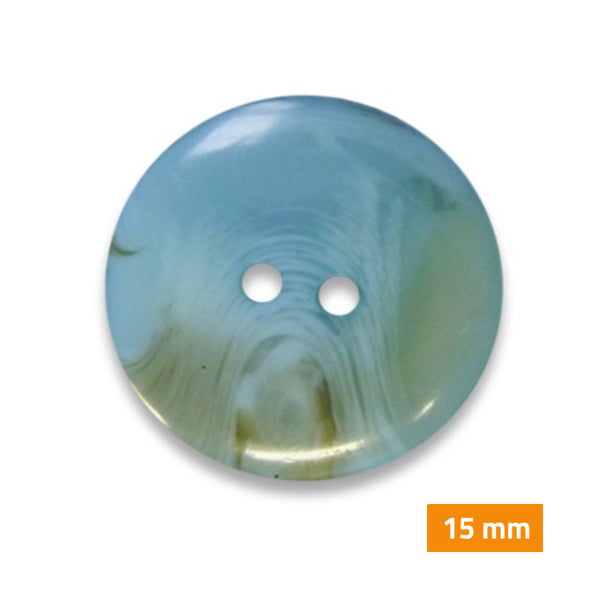 Boutons marbrés 2 trous 15mm - bleu lagune translucide (prix à la pièce)