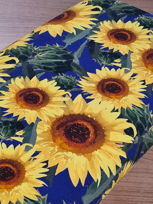 Jersey "Tournesols sur fond bleu roi" - certifié Oeko-tex (prix pour 10cm)