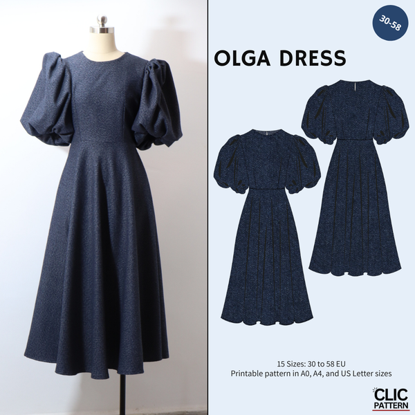 PDF - Patron digital de la robe Olga de Clic Pattern du 30 au 58 (fr)