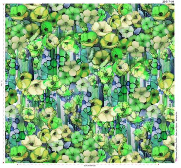 Voile de coton - Bouquets fleuris ton vert (Prix pour 10cm)