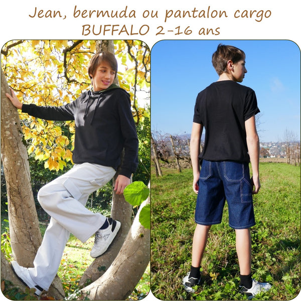 PDF - patron digital du jeans, bermuda ou pantalon cargo pour garçon Buffalo de Petits D'om du 2 au 16ans (Fr)