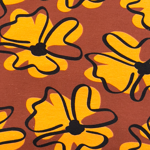 Jersey "Funny Flowers chocolat et orange" - certifié Oeko-tex (prix pour 10cm)