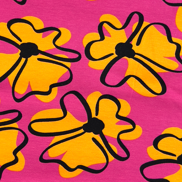 Jersey "Funny Flowers fuchsia et orange" - certifié Oeko-tex (prix pour 10cm)