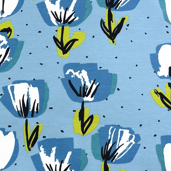 Jersey "tulipes sur fond bleu" - certifié Oeko-tex (prix pour 10cm)