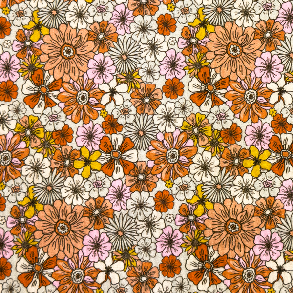 Jersey Fleurs vintage tons orangés - certifié Oeko-tex (prix pour 10cm)