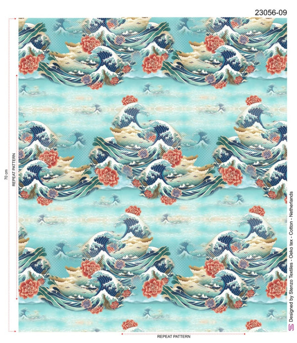 Jersey "La vague de Hokusai " bleu (prix pour 10cm)