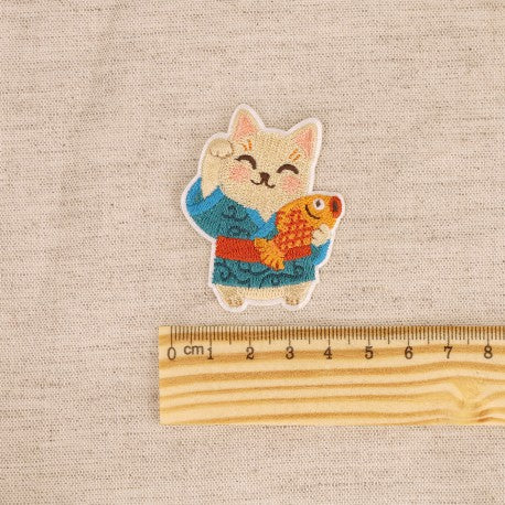 Patch thermocollant chat / maneki neko bleu et orange - (prix à la pièce)