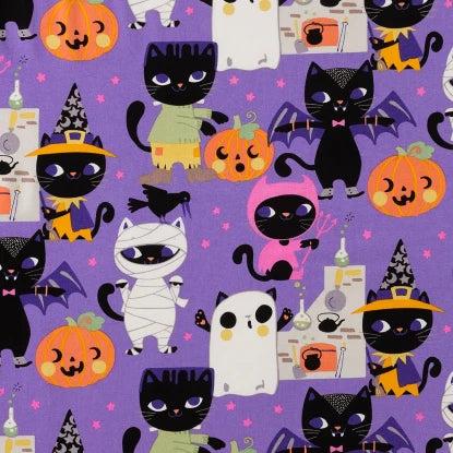 Popeline de coton "halloween cats - sur fond mauve" oeko-tex(prix pour 10cm)