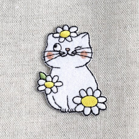 Patch thermocollant chat blanc avec fleur - (prix à la pièce)