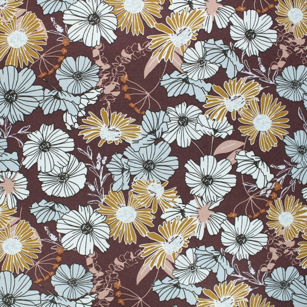 Superbe coupon 3m de popeline Cotton Steel - "Flower child sur fond chocolat" - 110cm de large